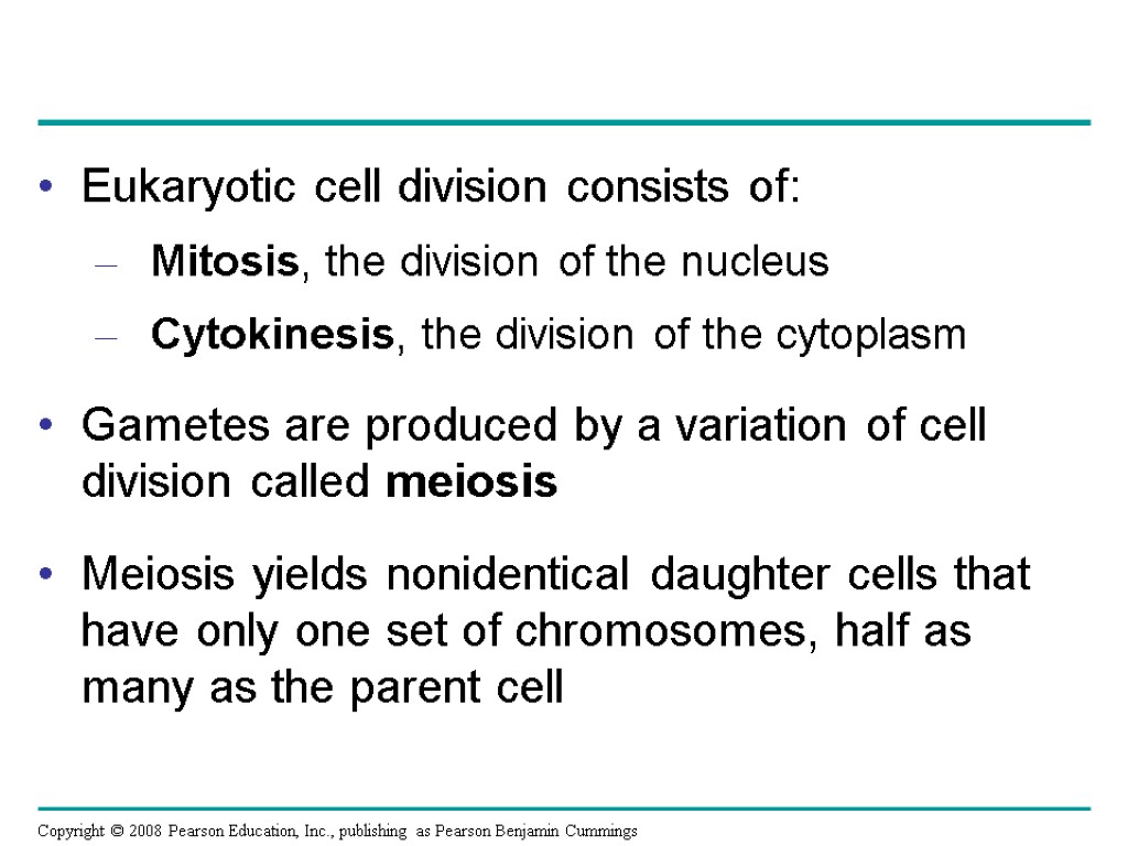 Eukaryotic cell division consists of: Mitosis, the division of the nucleus Cytokinesis, the division
